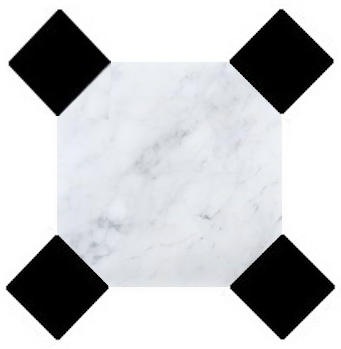 Dallage marbre Blanc SEFA adouci 20 x 20 + CABOCHON NOIR poli Avec 4 pans coupés par dalle = 25 cabochons