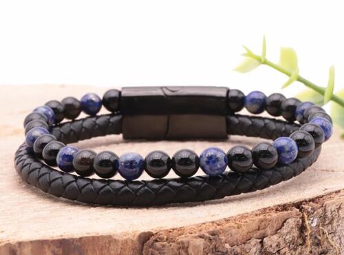 Couleur : Bleu - Noir Taille du bracelet : 18cm Diamètre des perles : 06mm Largeur cuir : 06mm Métal : Acier Inoxydable *Afin de préserver vos bijoux, ne pas mettre en contact avec l’eau.