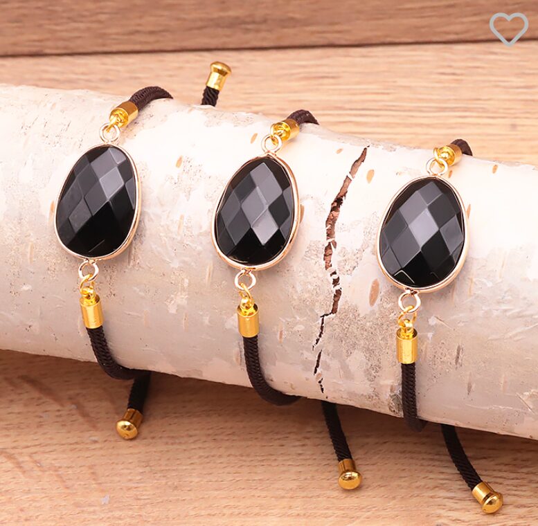 Bracelet cordon réglable obsidienne noire A (1 pièce)