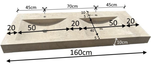 VASQUE DOUBLE "PICPUS" TRAVERTIN BEIGE Clair Avec 2 trous robinetterie 160 x 60 x 10cm