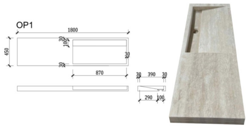 VASQUE GRAND VENISE Travertin 180 x 45 x 8cm Bac à droite de 87 x 89 x 5cm