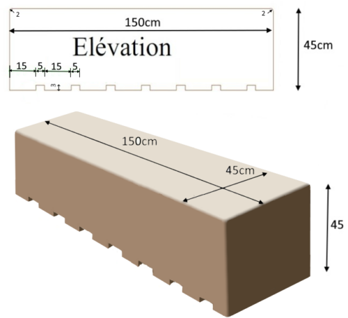 BANC en pierre massive Monolithe MONTAGNAC ou MAUVY 150 x 45 x 45cm Assise et 4 côtés adoucis + arêtes arrondies rayon 2cm sur faces vues. Dessous brut de sciage + 7 encoches traversantes de 5 x 3cm