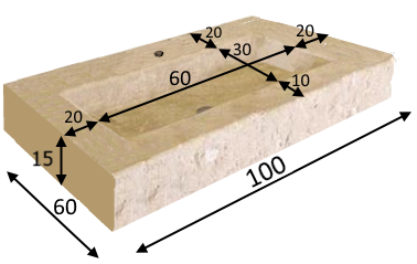 VASQUE MANHATTAN 100x60 + trou robinet TRAVERTIN CLAIR Finition adoucie, devant éclaté, arêtes légèrement arrondies à la main 100 x 60 x 15cm, bac de 60 x 30 x 12cm 1 trou robinetterie + encoche