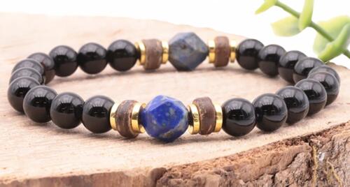 BRACELET RING DORÉ ONYX, BOIS, LAPIS LAZULI A