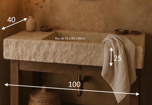 VASQUE MASSIVE 100 x 40 x 20cm bac de 50 x 27cm DEVANT ECLATE - SANS TROUS ROBINETTERIE