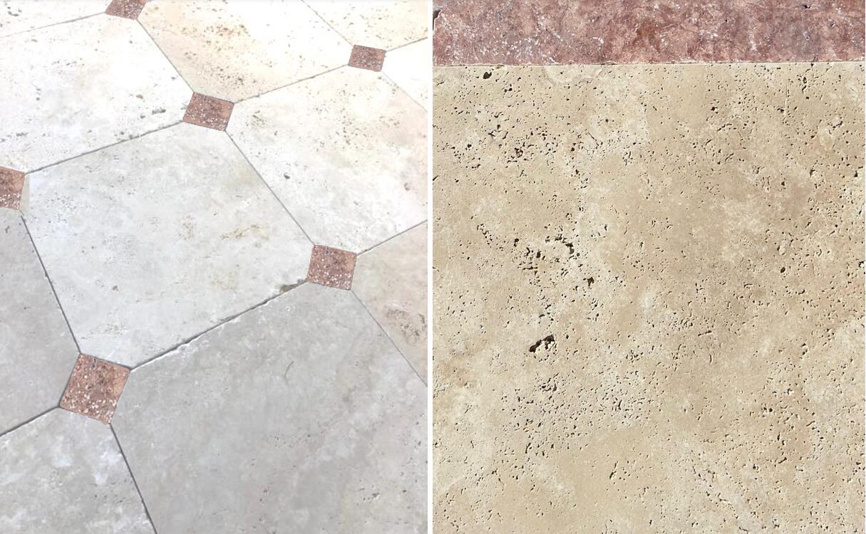 DALLAGE TRAVERTIN 40 x 40 + CABOCHON Travertin Classic (1er choix) 40,6 x 40,6 x 1,2cm (30 kg/m²) Avec 4 pans coupés par dalle = 6,3 cabochons /m² + cabochon Rouge de 5 x 5cm ou 7 x 7cm à confirmer Si < 1m2 = compté pour 1m2
