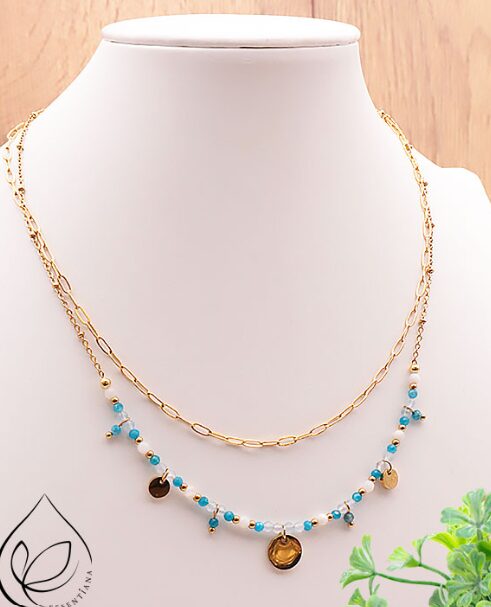 COLLIER IRIS DORÉ APATITE BLEUE, AIGUE MARINE A