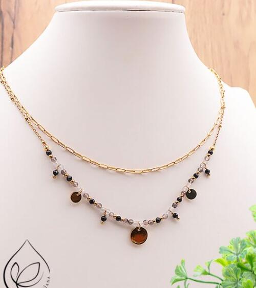 COLLIER IRIS DORÉ TOURMALINE NOIRE, CRISTAL DE ROCHE FUMÉ AA